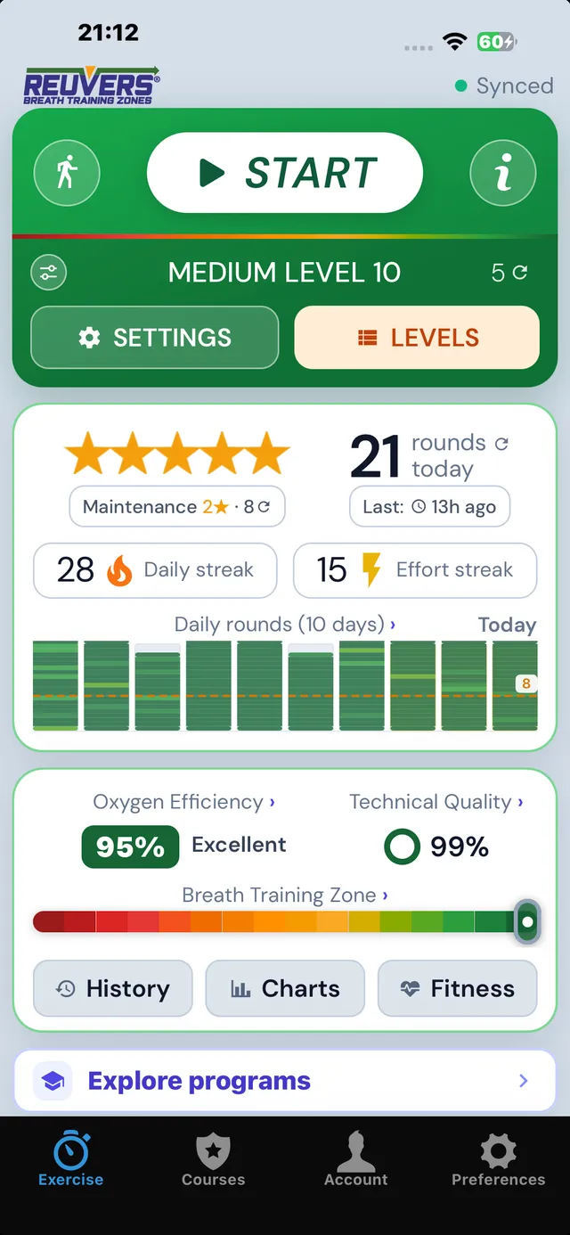 The Reuvers Breathing app home screen showing the start button, today's rounds, streaks, and the breath training zone